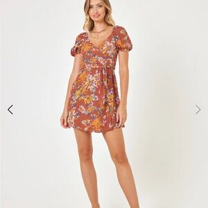 L*Space Cambria Orange Red Sundress Puff Sleeve Sweetheart Mini